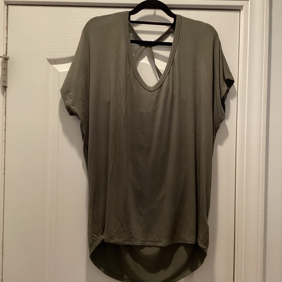 Express Tops - Express Khaki Short Sleeve V- Neck Criss Top ( Color: Light Army Green) (Large )